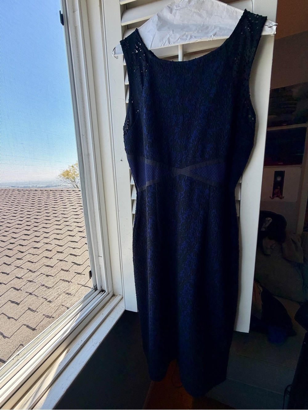 Women’s Moulinette Soeurs Black Lace Patterned Sheath Dress with Blue Background
